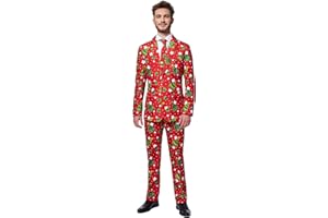 Suitmeister Christmas Suits for Men – Christmas Trees Stars Red - Ugly Xmas Sweater Costumes Include Jacket Pants & Tie