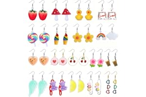 KALVICA 12/18 Pairs Weird Funny Earrings for Women Teens Stainless Steel Ear Hook Resin Drop Earrings Gummy Bear Goldfish Mushroom Dinosaur Frog Lemon Strawberry Cute Aesthetic Drop Dangle Earring Set