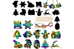 JAOUCUE 48 Stück Kratzbilder Weihnachten Set für Kinder, Weihnachts Kratzpapier mit 24 Holzstäbchen und 48 Bunte Bänder, Regenbogen Scratch Art mädchen Geschenke für Weihnachten DIY Dekorationmit