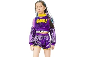 LOLANTA Girls Sequins Hip Hop Costume,Glitter Mesh Crop Top, Camisole Bra, Dance Shorts Set