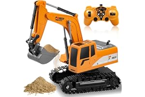 DAIOLLER Escavatore da costruzione - Escavatore telecomandato per bambini 3+, escavatore RC idraulico con ricaricabile/60+minuti di tempo di gioco/gira a 680 gradi/pala metallica/luci/suoni