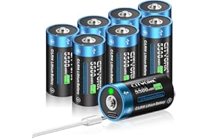 CITYORK Lot de 8 batteries rechargeables Baby C 5500 mWh 1,5 V avec USB-C - Batterie lithium-ion LR14 C - Charge en moins de 2 heures - Plus de 1000 cycles - Avec câble de charge de type C -