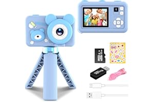 FEBOTAK Kinder Kamera 12MP Selfie Kinderkamera mit mit Kamerastativ, Vlog 1080P HD Video Camera, USB Wiederaufladbare Kamera mit 32GB SD-Karte, Kinder Digitalkamera für 3-10 Jahre Klein Kind – Blu