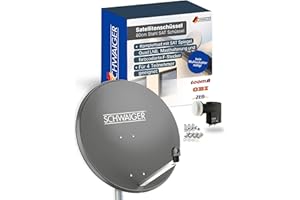 SCHWAIGER Satellitenschüssel Komplettset - Ø 80 cm Stahl Offset Antenne in Anthrazit - Inkl. sonnengeschütztes Quad LNB 4-Fach - Digital HD & 4K Empfang - Integrierte Kabelführung & wetterfest