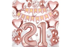 NELOTAOR 21st Birthday Decorations for Girls, Rose Gold 40 Inch Number 21 Foil Birthday Balloons with Happy Birthday Banner and Butterfly Stickers