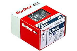fischer PowerFast II PTF 5,0 x 50, Spanplattenschraube (100 Stk.) mit Vollgewinde, Pan Head mit Innenstern, Schraube für Holzverarbeitung, reduziert Einschraubwiderstand & Einschraubzeit