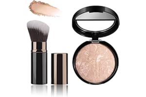 SHENGQIALUN Powder Foundation for Mature Skin with Brush - Long-Lasting Baked Foundation for Natural Brighten Color Correcting, Oil-control, Cover Fine Lines, Blemishes (Light Beige)