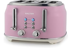 Salter Retro tostadora 4 rebanadas – ranuras anchas, 6 niveles, descongelar, recalentar y cancelar, bandeja recogemigas, expulsión elevada, centrado automático, 1630 W, rosa, EK5739PNKVDE