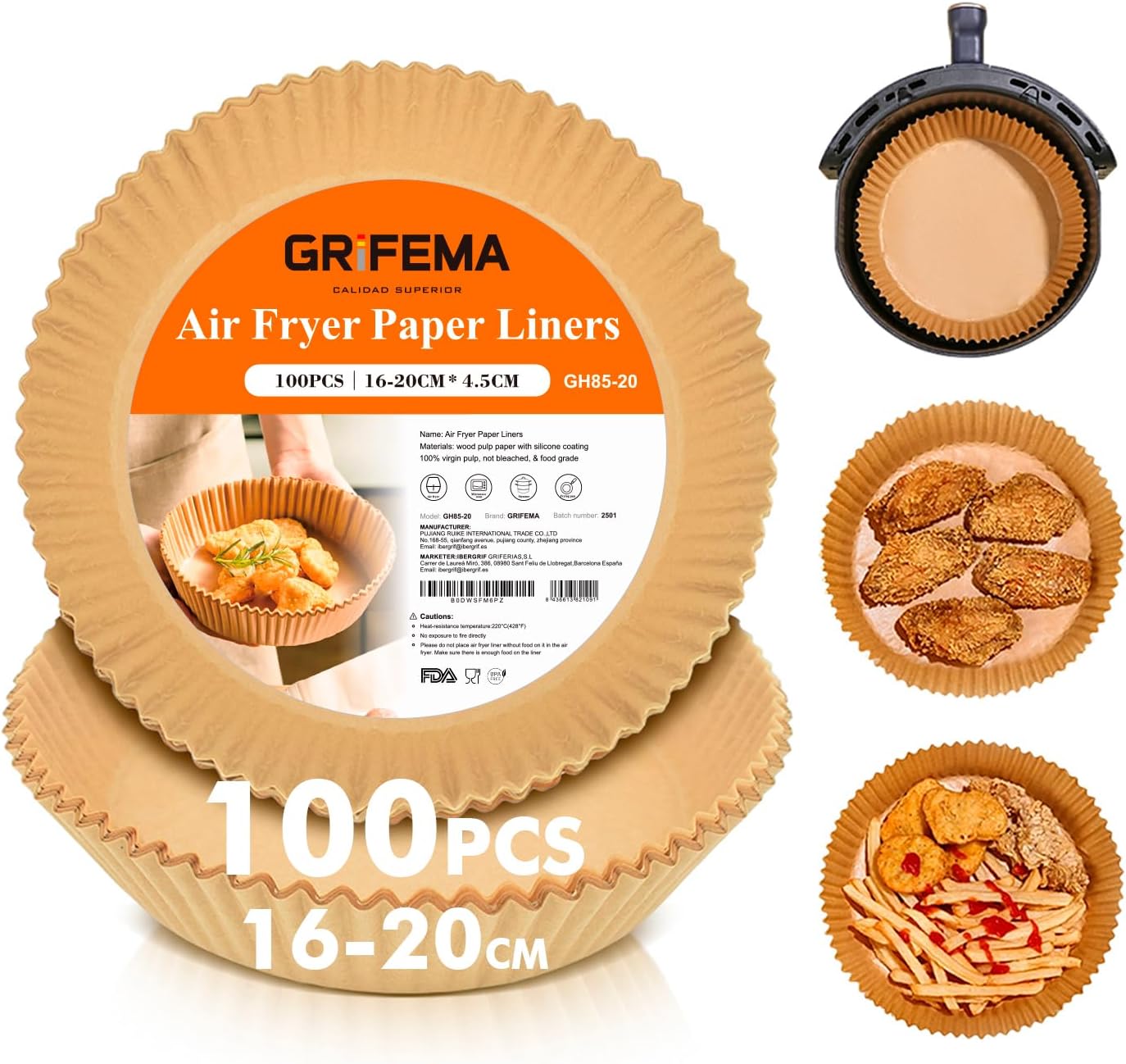GRIFEMA Papel Freidora Aire - 2.2 a 4.5 L - 100 Piezas, 16-20cm - sin BPA - Antigrasa - Grado Alimentario Air Fryer Papel Redondo para Cecotec COSORI Air Fryer