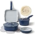 Pots and Pans Set with Detachable Handle - 12 Pcs Nonstick Ceramic Cookware Lids, Non Toxic Set, RV Stackable Pans, PTFE & PFOA Free, Oven Safe, Space Saving- Navy (MS-12-Blue)