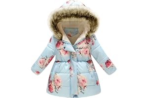 amropi Girls Winter Coat Floral Hooded Jacket with Faux Fur Warm Parka Padded Overcoat for 2-10 Years