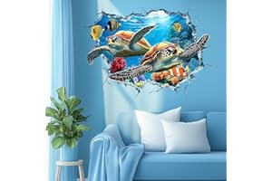 beinkmake 3D Under The Sea Wall Stickers Ocean Turtle Fish Coral Wall Decals Simulation Crack Hole Animal Wall Clings Art Smashed Wallpaper for Boys Bedroom Living Room Apartment