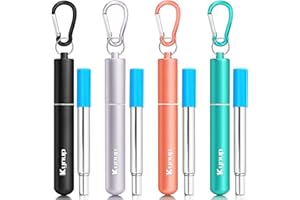 Kynup Reusable Metal Drinking Straw, 4 Pack Metal Collapsible Straw with Case, Keychain, Cleaning Brush, 6mm DIA, Length up to 23cm, Portable Travel Straw for Travel on the Go(Black-Silver-Gold-Green)