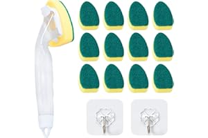 TYFGRT 1 Stück Langstielige Topfbürste Mit 12 Schwammköpfen, 2 Stück Transparente Haken, Küchenreinigungsschwammbürste, Geschirrspülbürste Mit Spülmittelspender, Schwammreinigungswerkzeug