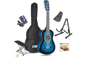 Max SoloArt Junior 1/4 Size Beginner Acoustic Guitar Set - Blue with Foldable Stand, Foot Rest, Nylon Strings, Tuner & Accessories Ideal for Kids Learning Classical Guitar