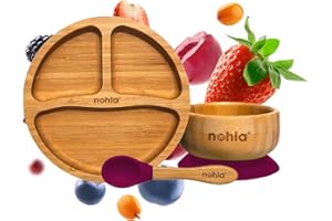 nohla ® - Bamboo Baby & Toddler Suction Plate, Bowl & Silicone Spoon Weaning Set - Suction Ring for Secure Grip on Smooth Surfaces - Eco-Friendly, BPA-Free - Cherry