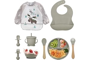 Tivifore Set Pappa per Bambini, Set da 9 Pezzi Svezzamento Set, Silicone Piatto con Ventosa Ciotola Cucchiaio Forchetta Bavaglino, Training Esercitarsi A Mangiare Da Soli, Set Pappa Svezzamento