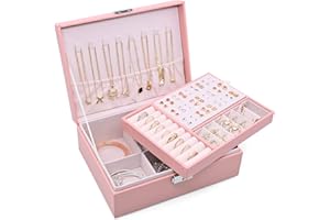Sciphylia Joyeros Mujer Organizador para Niñas y Mujeres 2 Capas Grande Organizador Joyas con Bandeja Extraíble Portátil Caja Joyero con Cerradura para Anillos, Pendientes, Collares, Pulseras, Rosado