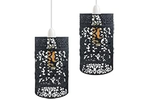 DC VOLTAGE 2 Pack Metal Black Pendant Light Shades, 13.5cm Drum Shape E27 Lampshade, Industrial Ceiling Lighting Fixture, Easy Fit Open Style for Living Room, Bedroom, Kitchen, Bathroom, Hallway