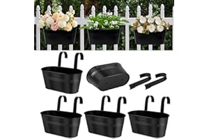 VENSOVO Metal Hanging Flower Pots for Railing Fence - 5 PCS Black Large Hanging Planter for Balconyl Metal Iron Buckets with Removable Hooks & Drainage Holes Outdoor Garden Home Decor (11 Inch)
