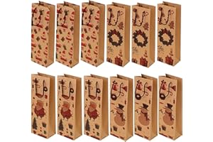 JOAKAUI Christmas Wine Bottle Bags, 12 Pcs Christmas Kraft Paper Bottle Bag Wine Gift Bags 4 Styles Xmas Wine Bags with Strong Rope Handles Reusable Gift Bags for Party
