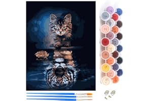 Komicea Malen Nach Zahlen Erwachsene Kinder Anfänger, ab 7 8 9 10 Jahre Mädchen Kit mit Pinsels und Farbe, als Geburtstag Geschenk für Home Deko (Tiere Katze Tiger, 40x50cm)