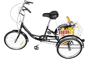 Mqwdxzfes 20 Inch 8-Speed Adult Tricycle with Large Rear Basket, Adjustable Seat & Armrests, Sturdy Steel Frame, 3-Wheel Bike, Shopping Tricycle, Multi Speed Bicycle Cruise Trike for Senior & Adult