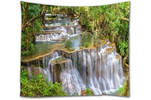 A.Monamour Tapisserie Murale Chute D'Eau À Kanchanaburi Thaïlande Tropical Vert Jungle Forêt Arbres Nature Paysage Tissu Tenture Murale Tapisserie Rideaux Nappe Couvre-Lit Serviette De Plage 153X203Cm