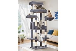 Taoqimiao Arbre a Chat Maine Coon,180cm Stable Arbres à Chat Grand Format xxl avec Condos Spacieux pour Chats, 8 Griffers, Très Grand Plateformes, Hamac, Panier pour Matou, MS034G Gris Fumée