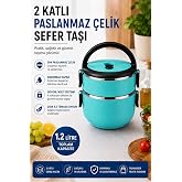 Sas Haus 2 Katlı 1.2 Litre Paslanmaz &Ccedil;elik Sefer Tası Sızdırmaz Kapaklı Yemek Taşıma Kabı Bento Lunch Box 304, Turkuaz