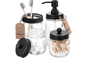 AOZITA Mason Jar - Juego de 4 Accesorios de baño, dispensador de jabón y 2 tarros de boticario y Soporte para cepillos de Dientes, baño rústico de Granja, decoración del hogar, Organizador de tocador de