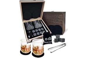 ONALIX Whiskey Glass Set, 2 Vasos de Whisky de Cristal Premium con 8 Piedras de Whisky Reutilizables, Pinzas y Posavasos en Caja de Madera, Navidad o Cumpleaños para Papá, Esposo o Novio