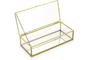 QWORK Gyllene vintage rektangulär låda med lock i glaslock, 23,3 x 10 x 5,3 cm, för smyckesorganisatör