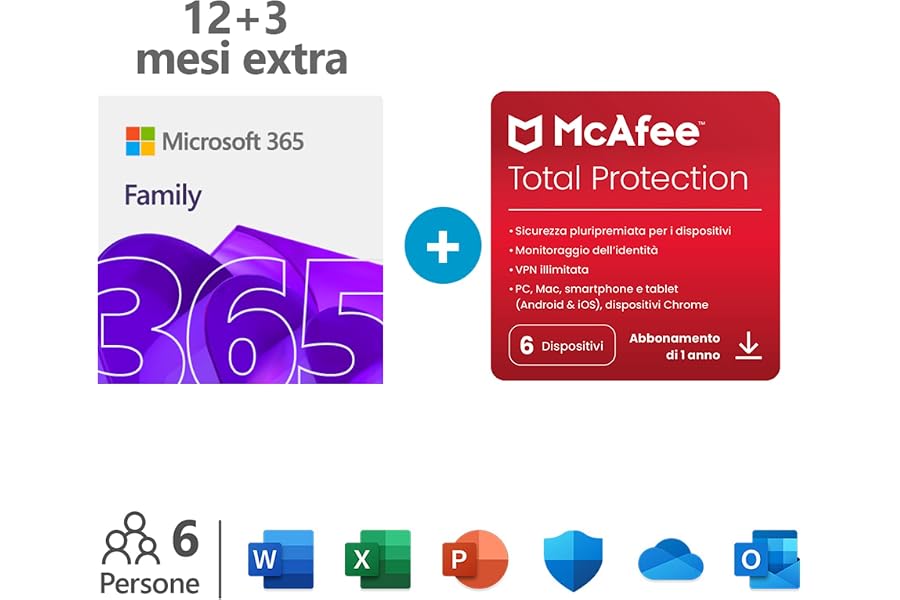 Microsoft 365 Family - Fino a 6 persone - Per PC/Mac/tablet/cellulari Abbonamento di 12 + 3 mesi - codice via email + McAfee