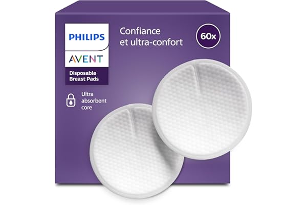 Philips Avent Coussinets d’allaitement jetables – absorption triple épaisseur, anti-fuites, texture alvéolée toucher douceur, ultra-fins et discrets, emballage individuel, 60 pièces, SCF254/61