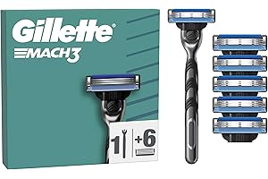 Gillette Mach3 Maquinilla De Afeitar Para Hombre Con Recambios, 1 Mango De Acero Inoxidable, 6 Cuchillas De Recambio Con 3 Hojas y Banda Lubricante