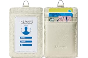 ADENPVN Etui na identyfikator ze skóry bydlęcej ze smyczą (skóra licowa, 7,6 cm x 11,4 cm), 1 przezroczyste okienko na dowód osobisty i 3 przegródki na karty, nylonowa smycz na szyję z obrotowym i zdejmowanym