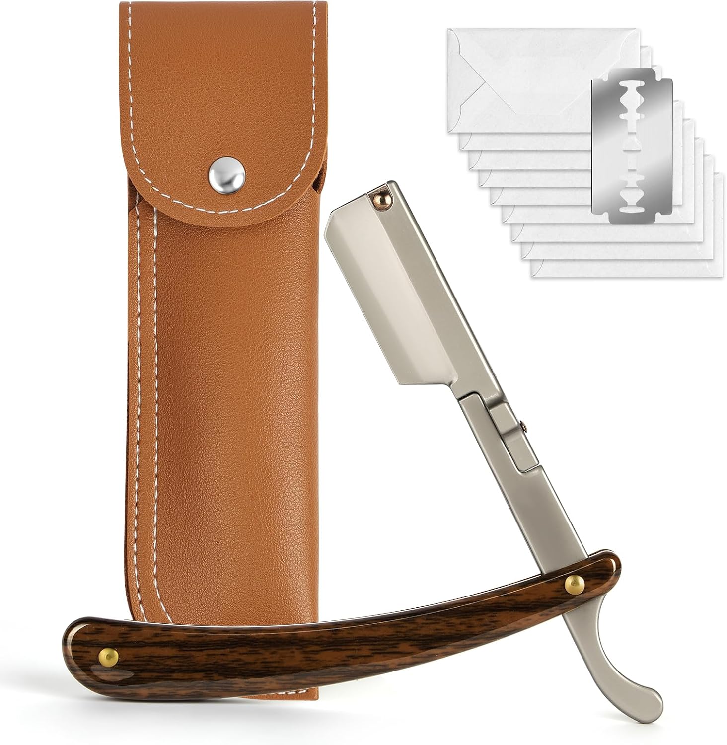 Beugo Navaja de Afeitar Hombre, Straight Edge Razor Barber, navaja de barbero, Cuchilla de Afeitar de Barbero Acero Inoxidable, Kit de Afeitado Clásico para Barba y Bigote con 10 Cuchillas y bolso PU