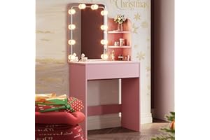SONNI, Specchio Trucco con Luci, Toletta con Cassetti con Lampadine LED a 3 Colori 70x40x140cm, Rosa Toeletta Trucco Bambina