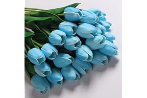 Anaoo 24pcs Flores Artificiales Tulipanes Artificiales Azules Decoracion en Látex, Floras Falsas de Tacto Real Decoración para Banquete de Boda, Hogar, Fiestas, Jardín, Partido del Hotel