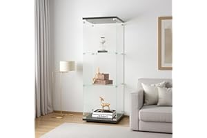 FEEOHOME Vitrine en Verre avec LED, Vitrine trempé moderne en verre 3 Couches avec 1 Porte, vitrine de collection, Transparent vitrines sur pied pour salon, chambre à coucher, bureau, 42x36x125cm (Noir)