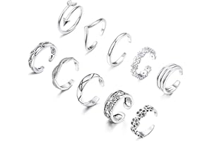 JeryWe 10PCS Open Toe Ring for Women Girls Adjustable Open Rings Set Simple Vintage Stackable Toe Rings Knuckle Joint Tail Ring Feather Heart Flower Foot Ring for Summer Beach