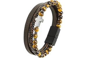 JUZICHEN 21 cm bransoletka męska, skórzana bransoletka męska, różaniec bransoletka krzyż, męska bransoletka czarna brązowa, bransoletka męska, biżuteria na prezent dla mężczyzn, chłopców i mężczyzn