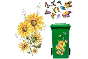 SETOFI Wheelie Bin Stickers, Sunflower Dustbin Sticker Waterproof Butterfly Flower Stickers Self-adhesive for Wall, Door, Bin, Fridge 2Pcs