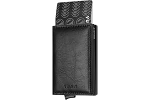 VULKIT Męskie małe skórzane etui na karty z blokadą RFID dla mężczyzn minimalistyczne metalowe etui na karty Pop Up z 3 przegródkami na karty i banknoty, Crazy Horse Czarny, S, Minimalistyczny