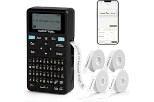 SUPVAN E11 Bluetooth Etikettillverkare med 4 Etiketter & APP (Android, iOS) | Tangentbord & APP-utskrift, 660+ Ikoner, 30+ Typsnitt, 1200mAh Uppladdningsbar, 5mm Marginal, för Skola, Kontor, Hem