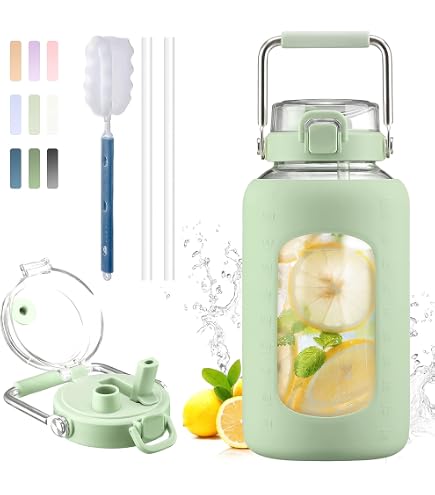 2L Glass Water Bottle With Time Marker - Borosilicate Glass, Leakproof, Includes Lanyard, Sleeve & Removable Filter