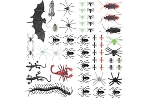 AYNKH 54Pcs Halloween Plastic Bugs, Prank Toys, Plastic Spiders, Fake Spiders, Realistic Fake Geckoes Scorpions Bats Centipedes Roaches Rats for Halloween Decorations