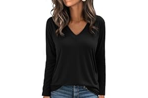 Aottori T-Shirt à Manches Longues Femme Col V Chic élégant Lâche Haut Décontracté Tee Shirt Tunique Basic Top Tshirt