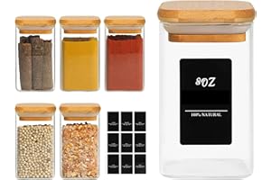 ComSaf 6Pcs 240ml Glass Spice Jars with Lids and Label, Glass Spice Bottle with Bamboo Lids Supplementary Set, Small Spice Container, Perfect for Ktichen Starter